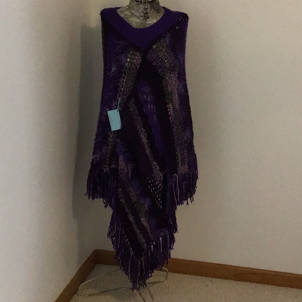 Hand Crochet Poncho Purple Fringe Boho